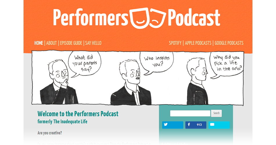 website - Performers Podcast, a podcast about actors, directors, singers, comedians and other performers
