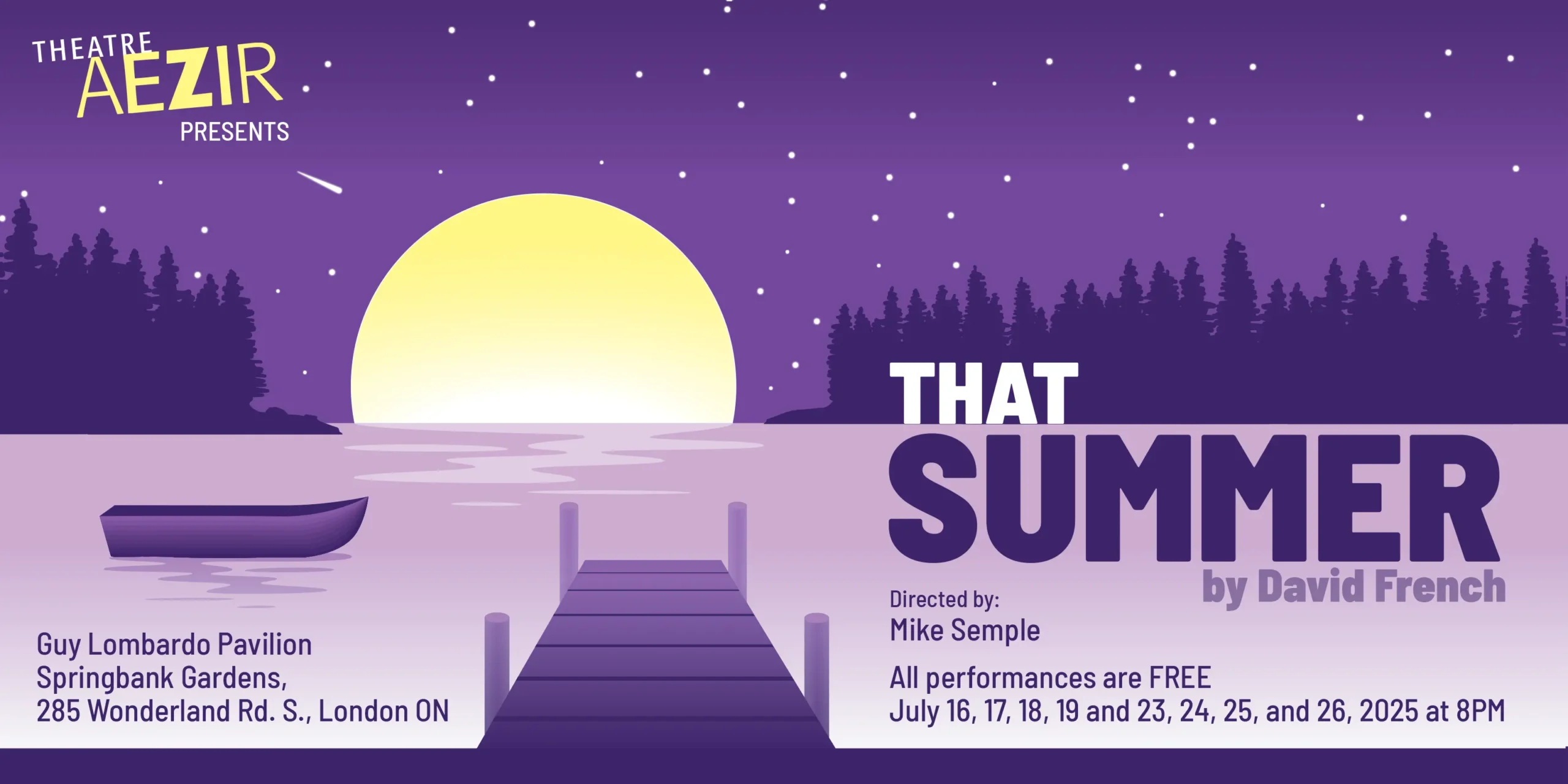 Illustrative design for Theatre Aezir's production of "That Summer" by David French. Moon rising over a lake containing an empty boat and a pier.