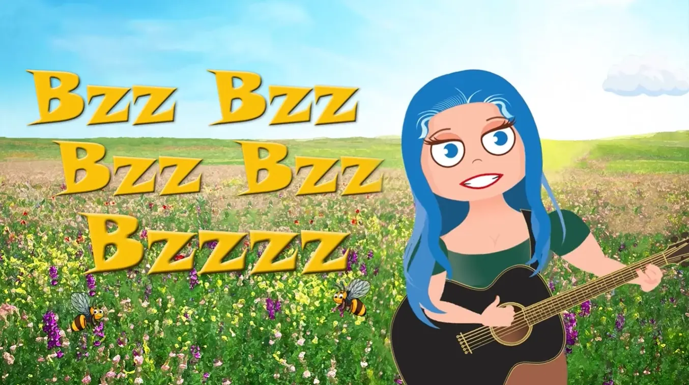 Cartoon of blue haired musician.